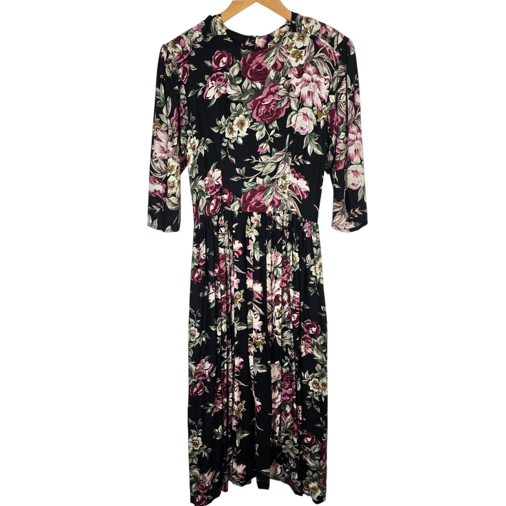 Vintage Bill Berman California Floral Midi Dress 3/4 Sleeve Black Pink Women's S
